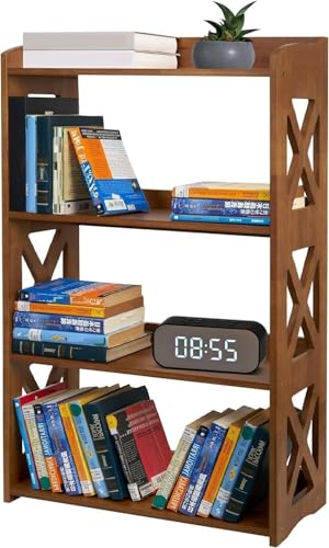 Image of 4 Tier Bookshelf, Wood Bookshelf with Open Shelves, Narrow Bookshelf Freestanding Storage Organizer, 4 Shelf Bookcase Small Bookshelf Display Brown Bookcase for Living Room Bedroom Office