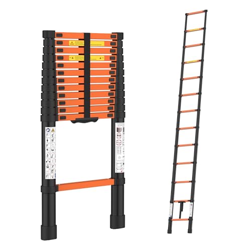 Image of BonKaso Telescopic Ladder, 3.8m / 12.5Ft, 13 Steps – Heavy-Duty Foldable Alloy Steel Ladder | Anti-Slip, 150kg Load Capacity, Rustproof & EN131 Certified – Matt Black & Orange