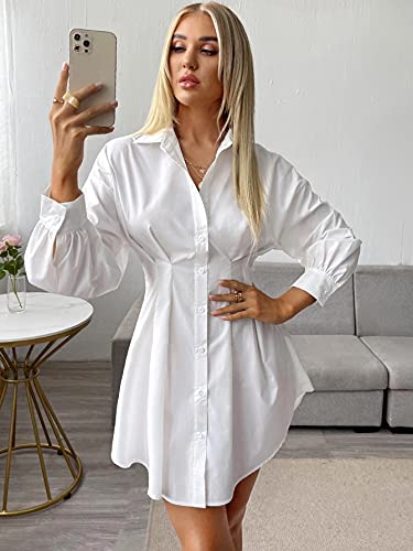 Shein Women's Pleated Long Sleeve Mini T Shirt Dress Lapel Collar Button Flared Short Dresses White Medium #TOP24