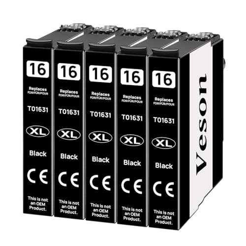 Veson 16XL Schwarz Druckerpatronen Kompatible mit Epson 16 XL Patronen für Epson Workforce WF-2010 WF-2510 WF-2520 WF-2530 WF-2540 WF-2630 WF-2650 WF-2660 WF-2750 WF-2760 (5 Schwarz) Veson 16XL Schwarz Druckerpatronen Kompatible mit Epson 16 XL Patronen für Epson Workforce WF-2010 WF-2510 WF-2520 WF-2530 WF-2540 WF-2630 WF-2650 WF-2660 WF-2750 WF-2760 (5 Schwarz)