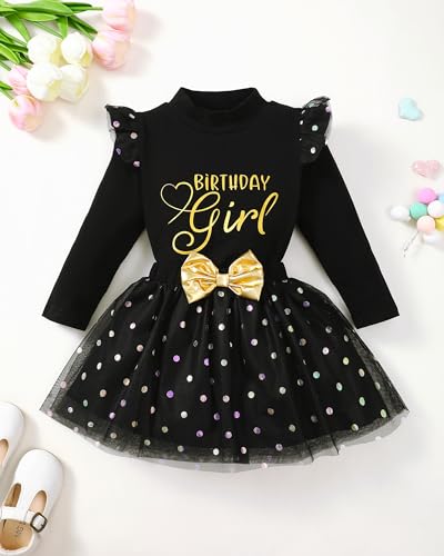 Mioglrie Little Girl Dress Birthday Dress for Girls Ruffle Long Sleeve Princess Shirt Tutu Tulle Skirts Clothes Outfits 2T-8T2
