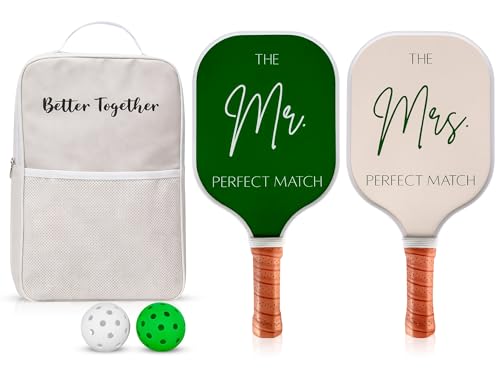 Mr & Mrs Pickleball Paddle Set for Couples (His & Hers) – Cute Engagement Gift, Wedding Set, Fiberglass Paddles, Carry Bag + 2 Pickleballs