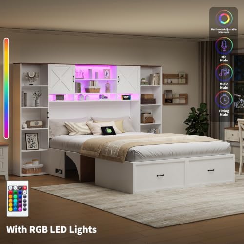 Queen Murphy Bed with Desk & Bookcase Headboard, Modern Murphy Bed Cabinet with LED Lights & Charging Station, Wall Bed with Storage Cubby for Home Office/Guest Room, White (Queen (U.S. Standard)) - 5