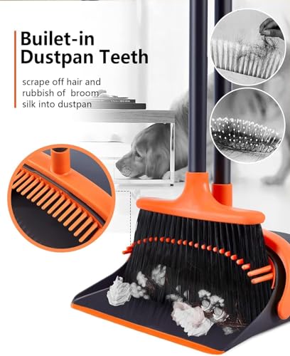 Besen und Kehrschaufel Set,mit langem Griff Ausziehbarem Stiel,aufrechter Kehrschaufel,Broom and Dustpan Set für drinnen und draußen, Garage, Küche, Büro