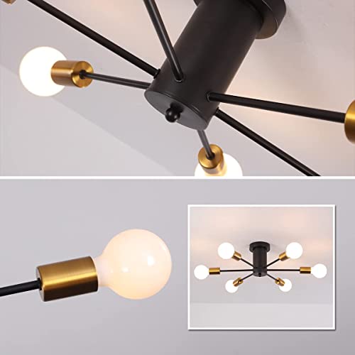 Lustre industriel noir mat 6 bras plafonnier design géométrique