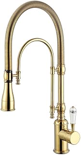 Single Handle High Arc Swiveling Dual-Mode Pull-Down Sprayer Kitchen Sink Faucet with Porcelain Handle in Polished Gold,Lead-Free Solid Brass Pre Rinse Faucet
