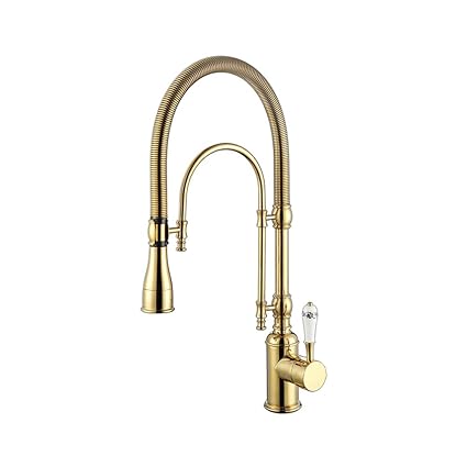 Kunmai High Arc Swirling Dual-Mode Pull-Down Kitchen Faucet with Porcelain Handle (Gold)