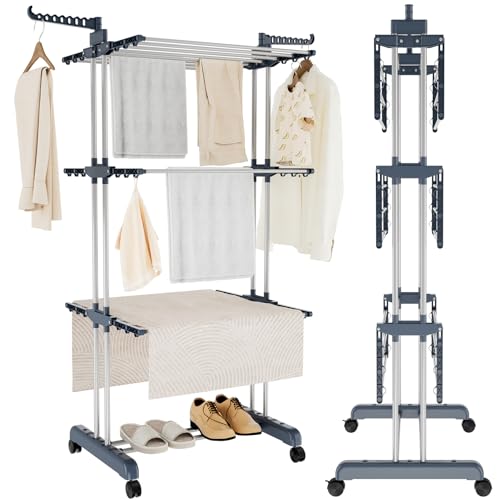 Trintion Clothes Drying Rack 3 Tier Adjustable Rolling Laundry Hanger with Foldable Wings Large Stainless Steel Garment Dryer with Casters for Outdoor Indoor