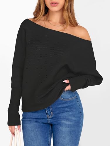 Image of ANRABESS Womens Off Shoulder Sweaters 2026 Fall Long Batwing Sleeve Loose Fit Knit Tops Casual Pullovers Jumpers