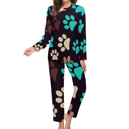 Pyjama femme ensemble sleepwear Patte Mignonne pantalon et t-shirt manches longues coton