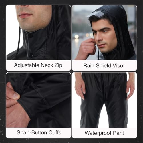 Image of Amazon Brand - Symactive Reversible Raincoat Set with Carry Pouch | Hood Jacket and Pant | Polyester Shell with Heat Sealed PVC Lining | Adjustable Button Cuffs | Plastic Peak Hood | Black, S