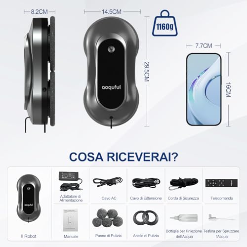 AOQUFUL - Robot Limpiacristales Inteligente, Limpiador Eléctrico de Ventanas con Doble Rociado de Agua, Control Remoto y por Aplicación, para Ventanas Interiores y Exteriores, Incluye 12 Paños, Gris - imagen 7