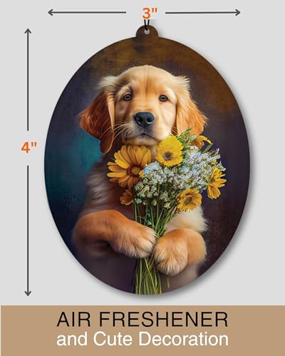 Image of Golden Retriever - Dog Car Air Freshener - Cute Hanging Dog With Flowers Decor Black Ice Scent, Infusible with Your Own Scent, Pet Safe, Non-Toxic, Freshener for Car, Closet, Office Size - 3x4 inch