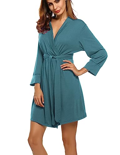 Hotouch Womens Soft Kimono Cotton Short Bath Robe Sleepwear Loungewear Blue Green, Small #TOP2
