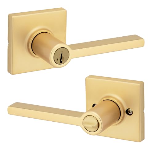 Image of Kwikset Casey Entry Door Handle with Lock and Key, Secure Keyed Reversible Lever Exterior, Doorlock, for Front Entrance and Bedrooms, Satin Brass, Pick Resistant Smartkey Rekey Security
