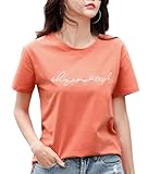 [C&CL] 伸縮性 ストレッチ 刺繍 ロゴ トップス レディース カットソー インナー tシャツ ティーシャツ 夏服 夏 綿 半袖 (JP, アルファベット, L, オレンジ)