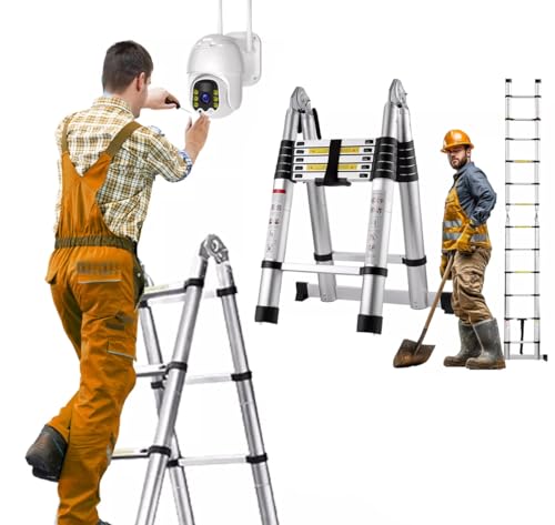 3.8M Lightweight Ladders Telescoping Ladder 12.5FT Dual Purpose Metal Telescopic Ladder with Stabilizer Bar&Non-Slip Feet 330lb Load Capacity(1.9M+1.9M) option