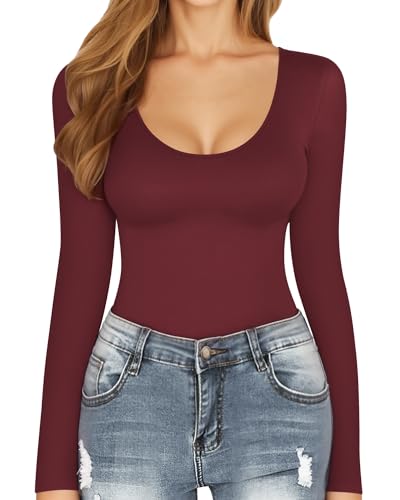 Image of MANGOPOP Women's Scoop Neck Long Sleeve Stretchy Basic Bodysuit Jumpsuits