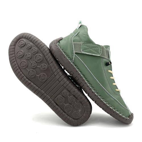 Women's Comfort Walking Shoes, Handstitched Pu Leather Ankle Boots, Green Slip-On Outdoor Flats3