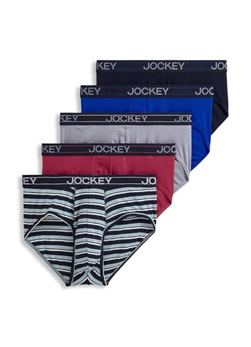 Jockey Men's Underwear Lightweight Cotton Blend Brief - 5 Pack, Mid Grey/Bluest Blue/Suitable Stripe/True Navy/Red Pear, XL