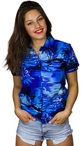 King Kameha Funky - Blusa hawaiana para mujer, manga corta, bolsillo frontal, estampado hawaiano, flamencos, Surf Monoblue, XL