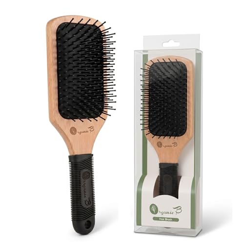 Image of Premium Wooden Paddle Hair Brush for Men & Women | Wide Detangling Hair Brush for Wet, Thick, Curly & Long Hair | Anti-Static Smooth Finish | Rubber Grip Handle