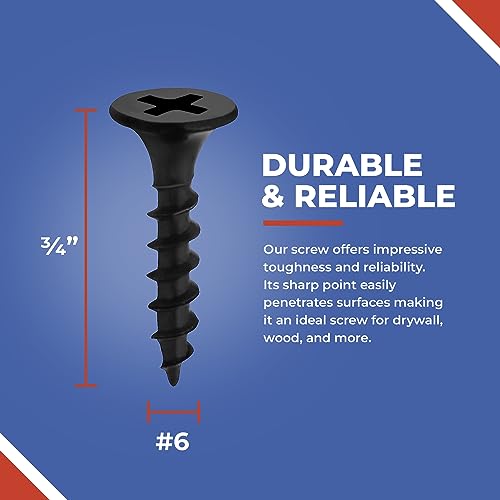 Toofix 3/4 Inch N.6 Coarse Thread Drywall Screw, Sharp Point, Black, 2 Bugle Head Phillips Drive, 1 Lb. Ideal Screw For Drywall Sheetrock, Wood, And More, 400 Screws #TOP1