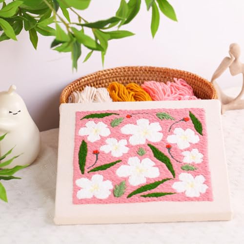 Image of Allazone Punch Needle Embroidery Kit Frame - Square Fabric with Flower Pattern, Hoop, Yarns, Punch Needle (Pink and White)