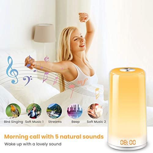 Elfeland Wake Up Light Alarm Clock Sunrise Simulation Digital LED Clock with 5 Natural Sounds & Snooze Function, 256 Color RGB Mode Night Light, Touch Control Dimmable Bedside Lamp for Bedrooms Gift