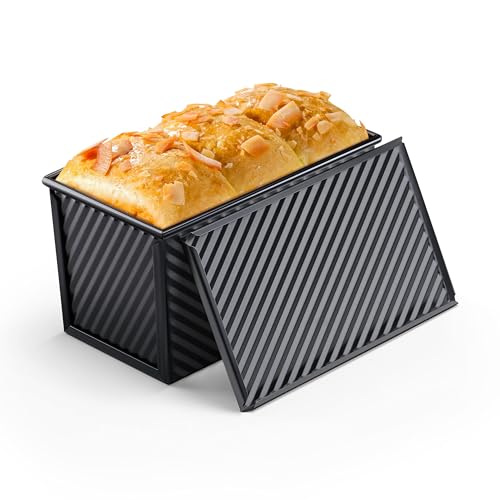 Image of LIANYU Pullman Loaf Pan with Lid, 1 LB Nonstick Bread Loaf Pan, Metal Baking Tin for Homemade Sourdough Bread, Carbon Steel Bakeware Toast Box with Cover for Toast Oven Baking, Black