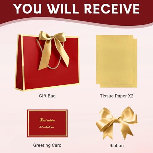 Image of JMANNI Gift Bags with Handles, 13 inch Medium Gift Bags with Tissue Paper | 1 Pcs Red Bag, 2 Tissue Paper and 1 Cards, for Baby Shower, Wedding Bridal Shower, Birthday Party