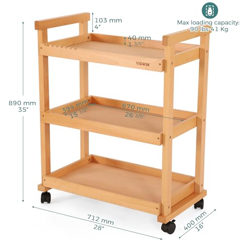 VISWIN Art Cart Organizer, Solid Beechwood Art Supply Storage Organizer with Caster Wheels, 3-Tier Multifunctional Rolling Utility Storage Cart for Studio, Classroom, Artists - Natural