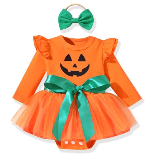 Image of Unutiylo 6-12 Months Baby Girl Priness Romper Dress Infant Girl Pumpkin Suspender Bodysuit Long Sleeve Dress with Crown Halloween Birthday Party Outfit