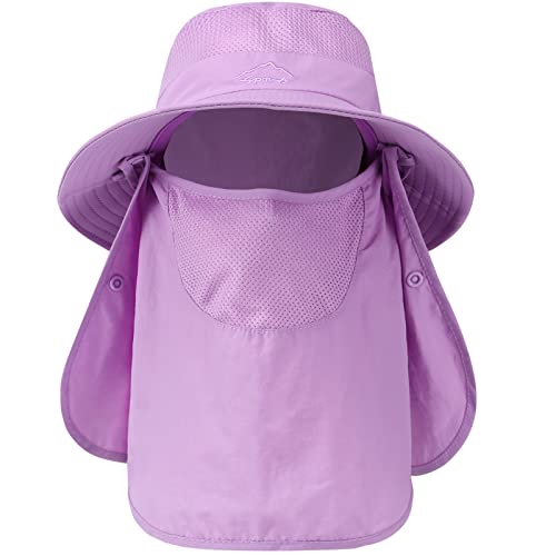 Kids Sun Hats With Neck Flaps & Face Covers Summer Beach Fishing Outdoor Play Hat For Boys Girls Ages 4-13 Light Purple #TOP10