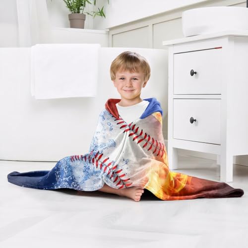Image of Baseball Boys Beach Towel with Hoodie for Kids Toddlers Age 4-8,Sports Baseball Blue Bath Towels Shower Wrap for Boys, Hooded Poncho Beach Blanket for Pool Swimming Cute Wearable Bath Towel for Child