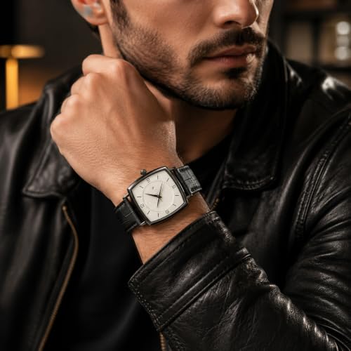 Image of Analog Watch for Man Black Leather Strap White Dial Luxury Rectangle Design
