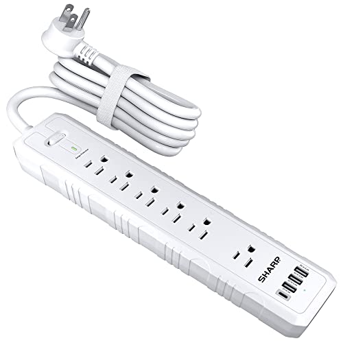 Sharp Power Strip With 6 Surge Protected Outlets and 4 Fast Charge USB Outlets (3 USB-A and 1 Type-C), Flat Wall-Hugger Plug and 5 ft. Cord, White
