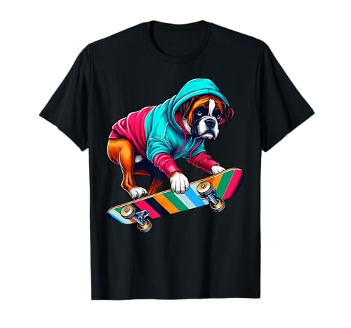 Cool Boxer Dog Skateboarding Illustration Art T-Shirt