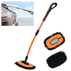 EAFCar Car Wash Brush with Long Handle – Microfiber Car Wash Mop Mitt Long Handle Car Cleaning Kit Brush, Car Cleaning Kit with 15° Curved Extension Pole Car Wash Kit for RV Truck Camper,Orange