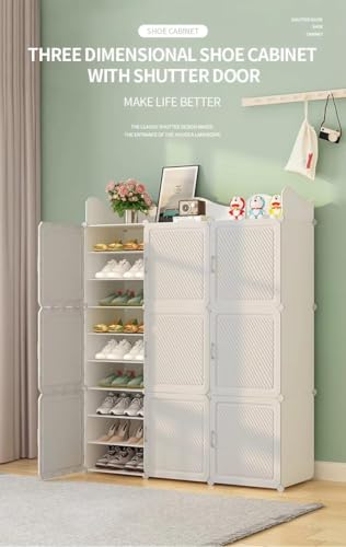 Image of Modular Shoe Rack Organizer with Drawer Storage, Multi-Layer Foldable Shoe Cabinet with Dustproof Doors for Home Entryway Bedroom (White, 9-Door)