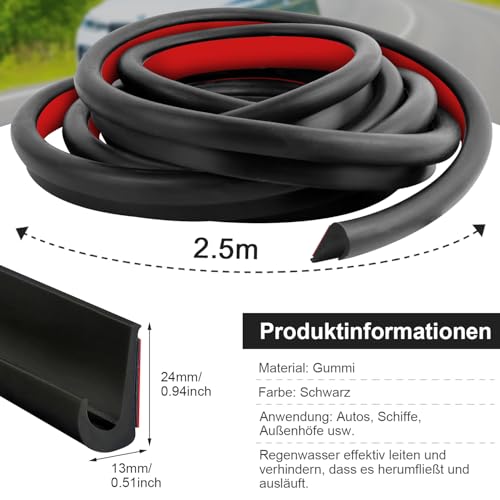 RV Regenrinne Kunststoff 2.5M Regenrinnen Wohnmobil Selbstklebend J Shape Gummirinne Auto Silikonrinne Dach-Regenumleitungsstreifen für Fahrzeug Autos LKWs Wohnmobile Bootstüren﻿ Van, Schwarz