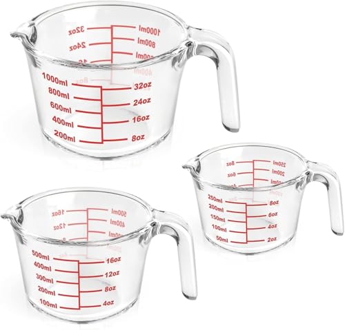 Essentials (3-Pack) Glass Measuring Cups Set (1 2 & 4 Cup) Measuring Cups For Prepping Baking and Cooking Preheated Oven Dishwasher Freezer and Microwave Safe