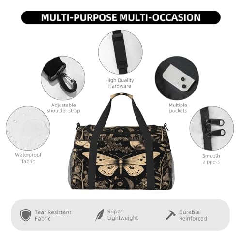 Vintage Gothic Floral Moon Butterfly Duffle Bag Travel Duffel Bags for Men Women Waterproof Gym Overnight Weekender Bag Carry on Tote Bag4