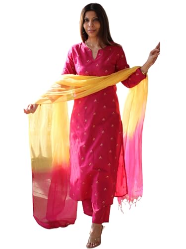 Image of GoSriKi Kurta Sets for Women Viscose Printed | Kurti Set for Woman | Kurta Pant Dupatta Set | Straight Kurti | Round Neck V-Slit 3 /4 Sleeve Suit Set for Women Stylish Ethnic Outfit Clothing