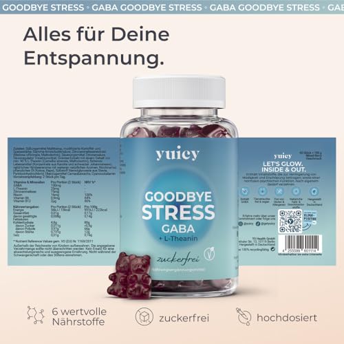 yuicy® Goodbye Stress Gaba mit L-Theanin und Zitronenmelisse - weniger Stress, mehr Fokus und Gelassenheit - L Theanin Gummibärchen statt Kapseln - 100 mg Gaba - 60 Stück