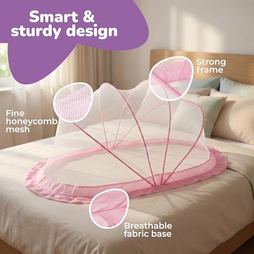 Image of Lifelong Cuppy Baby Mosquito Net for Kids 0-2 Years | Foldable & Bottomless with Soft Breathable Mesh | Lightweight & Portable | Safe & Sturdy Umbrella Net 90x60x45 cm (Pink,LLCMNK03)