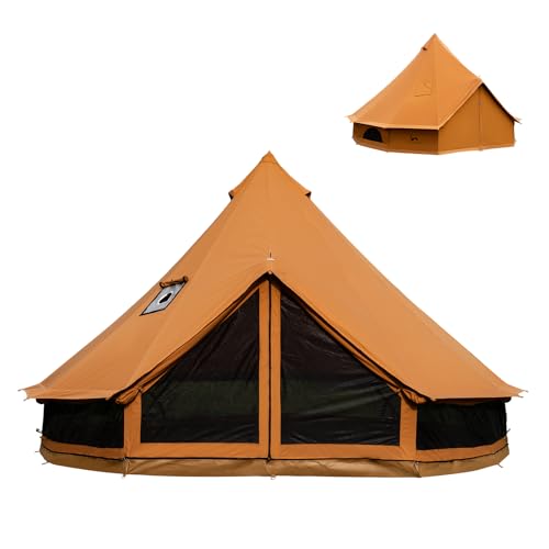 Image of TOMOUNT TOMOUNT Canvas Bell Tent with Stove Jack, 4-6 Person Use with 360 Ventilated Mesh, Dia13.1FT for Family Camping Glamping Yurt Tent 4 Seasons