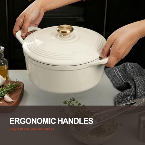 Image of Overmont Enameled Cast Iron Dutch Oven - 5.5QT Pot with Lid Cookbook & Cotton Potholders - Heavy-Duty Cookware for Braising, Stews, Roasting, Sourdough Baking White