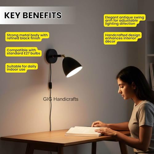 Image of GIG Handicrafts Lighting fixtures Mounted on the wall Study, Living Room, and Bedroom Industrial Sconce, E27 Base Antique wall lamp with Antique Swing Movement arm, Black