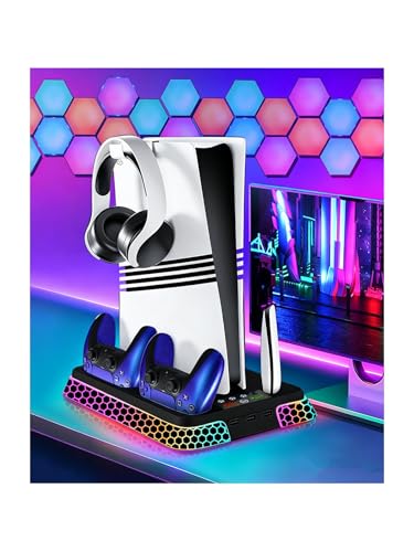 Image of PS5 Stand with Hexagon RGB Aesthetics,PS5 Cooling Station for PlayStation 5 Slim Pro Disc Digital Console with Cooling Fan,Dual Controller Fast Charger USB Hub Headset Holder Game Storage (Black)
